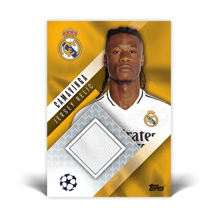 Eduardo Camavinga Real Madrid jersey relic card featuring UEFA Champions League logo.