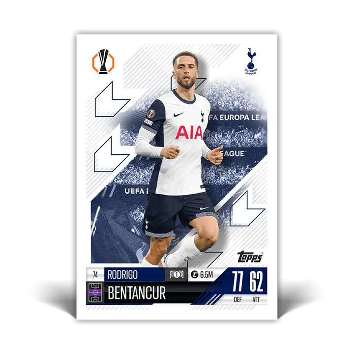 Rodrigo Bentancur Match Attax card, Tottenham player, UEFA Europa League, 77 defense, 62 attack stats.