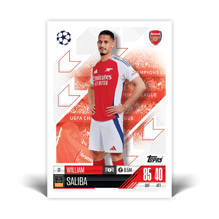 Match Attax Saliba card featuring Arsenal player with UEFA Champions League branding.