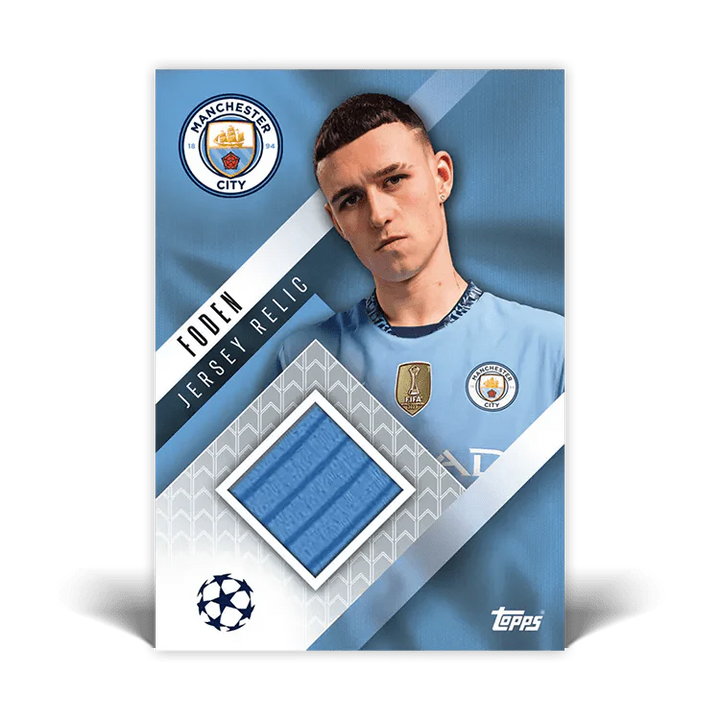 Phil Foden Manchester City jersey relic trading card with blue fabric swatch and UEFA Champions League logo.