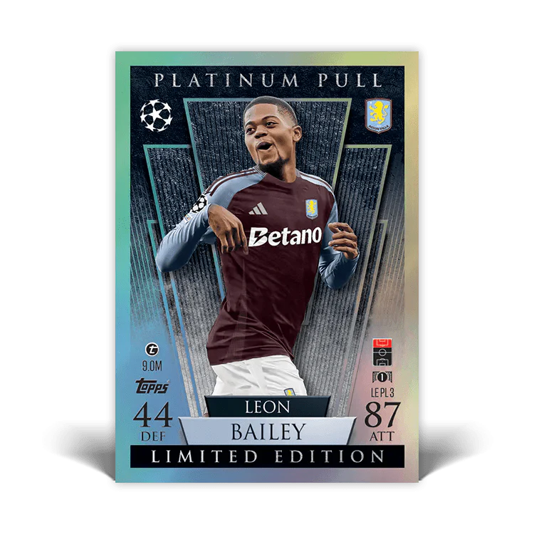 Leon Bailey limited edition match card from Match Attax 24/25, featuring Platinum Pull design with stats.