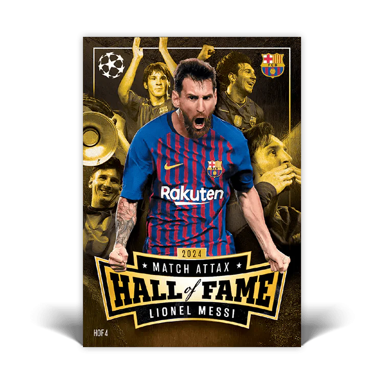 Match Attax Lionel Messi Hall of Fame 2024 card featuring iconic moments and action shots.