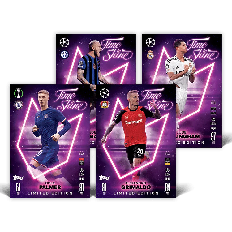 Match Attax 24/25 Mega Tin cards showcasing Cole Palmer, Jude Bellingham, Alejandro Grimaldo, and more.