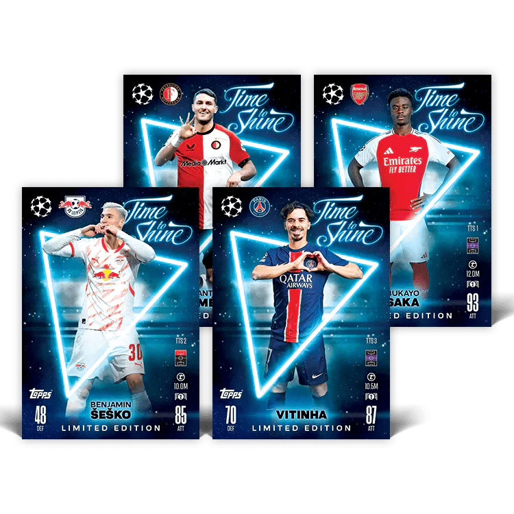 Match Attax 24/25 Mega Tin 'Time To Shine' Limited Edition player cards featuring Benjamin Sesko and Vitinha.