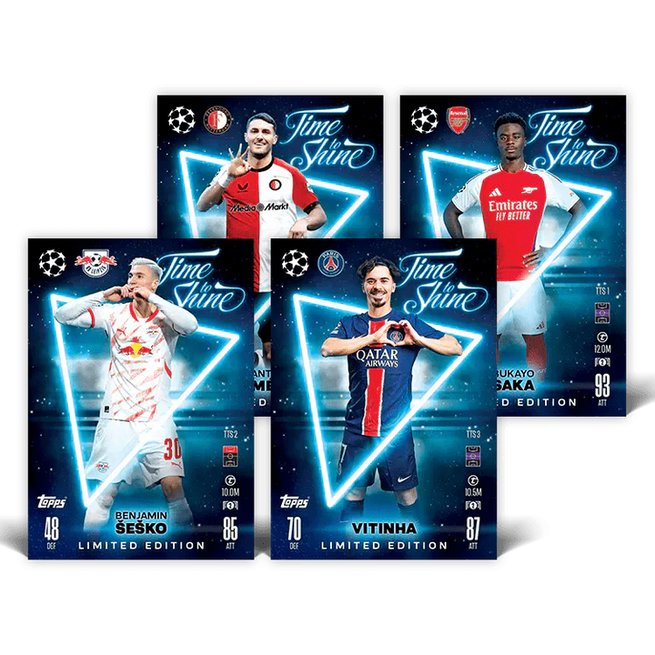 Match Attax 24/25 Mega Tin 'Time To Shine' Limited Edition player cards featuring Benjamin Sesko and Vitinha.