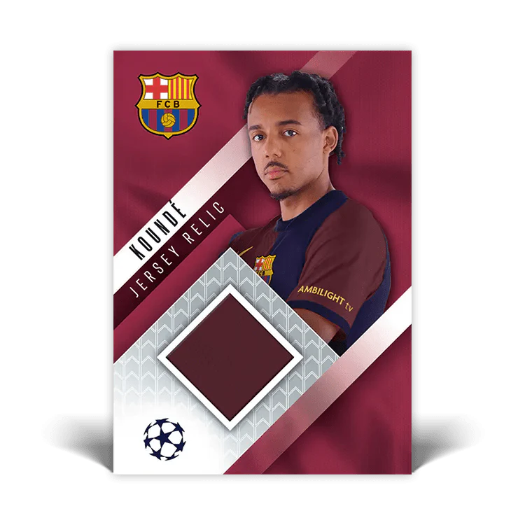 Match Attax 24/25 card featuring Koundé, Barcelona Jersey Relic, UEFA Champions League design.