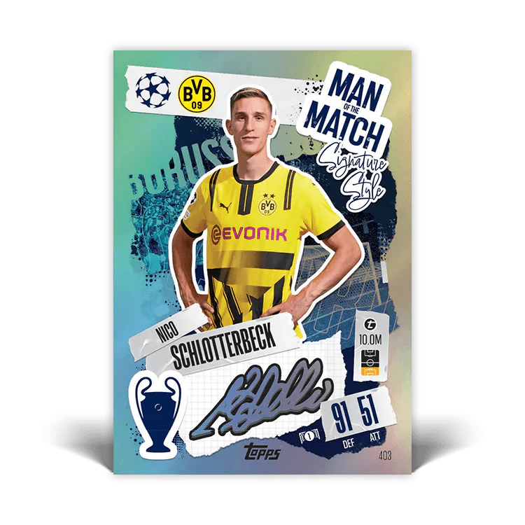 Nico Schlotterbeck Match Attax card featuring signature and stats, showcasing Borussia Dortmund player.