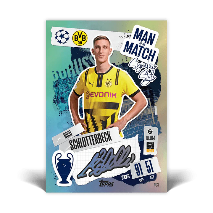 Nico Schlotterbeck Match Attax card featuring signature and stats, showcasing Borussia Dortmund player.