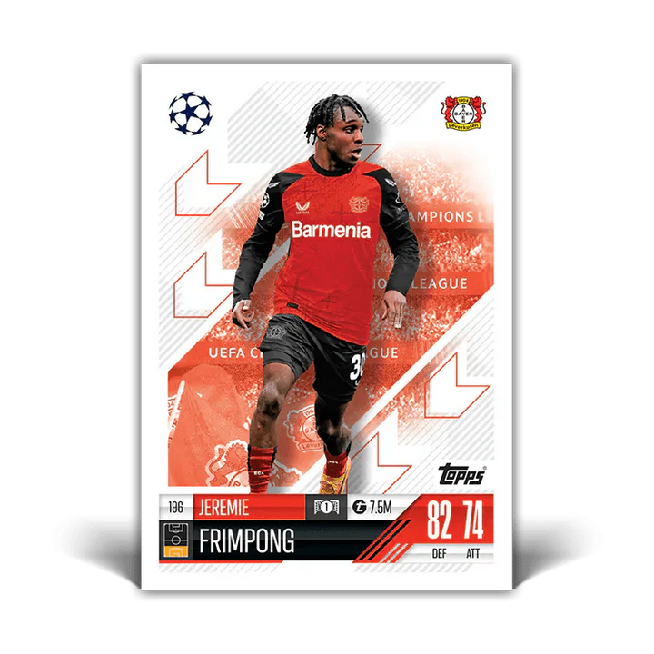 Jeremie Frimpong Match Attax card featuring UEFA Champions League design, showcasing player stats and team colors.