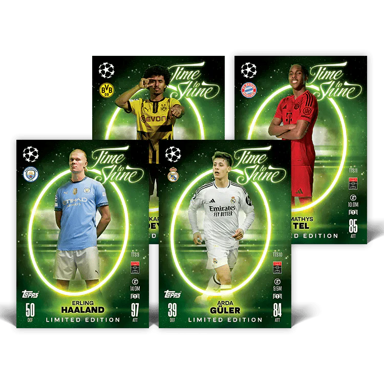 Match Attax 24/25 Time To Shine limited edition cards featuring Haaland, Güler, and others on a vibrant green background.