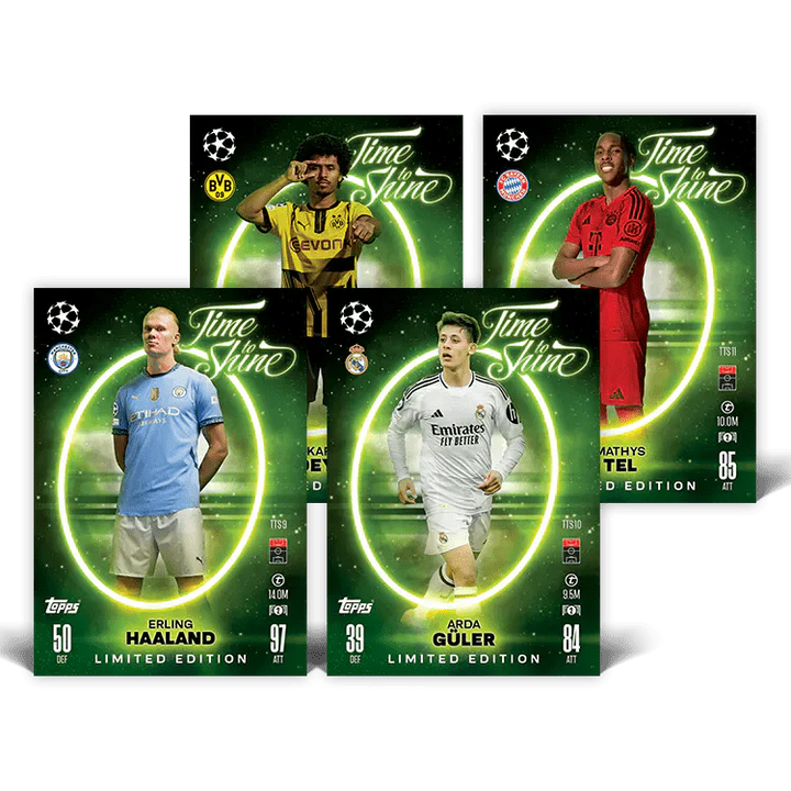 Match Attax 24/25 Time To Shine limited edition cards featuring Haaland, Güler, and others on a vibrant green background.