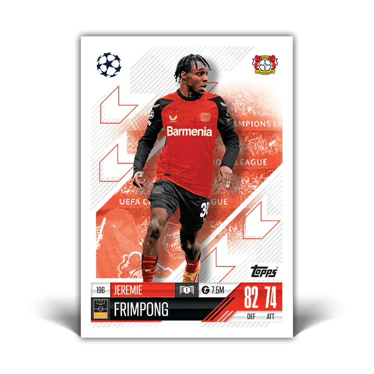 Match Attax card of Jeremie Frimpong, featuring stats and UEFA Champions League branding.