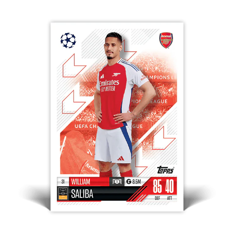 Match Attax 24/25 card featuring William Saliba from Arsenal, showcasing Champions League stats and design.