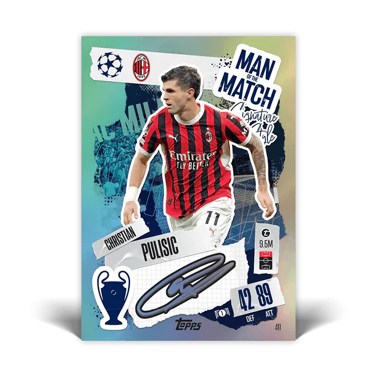 Match Attax card featuring Christian Pulisic as 'Man of the Match' with impressive stats and UEFA Champions League logo.