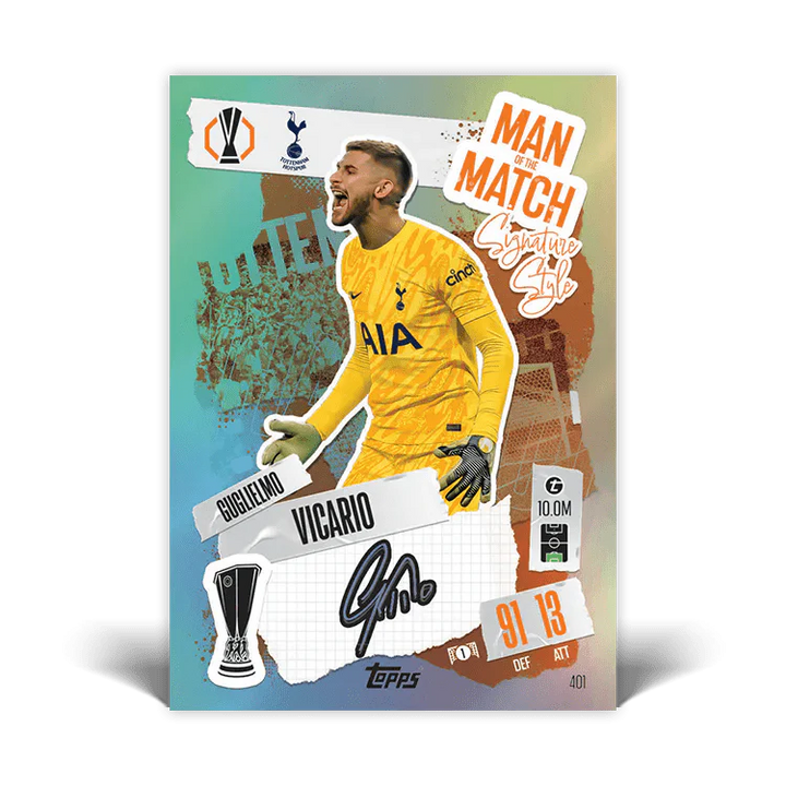 Match Attax card featuring goalkeeper Vicario as Man of the Match, showcasing vibrant design and player stats.