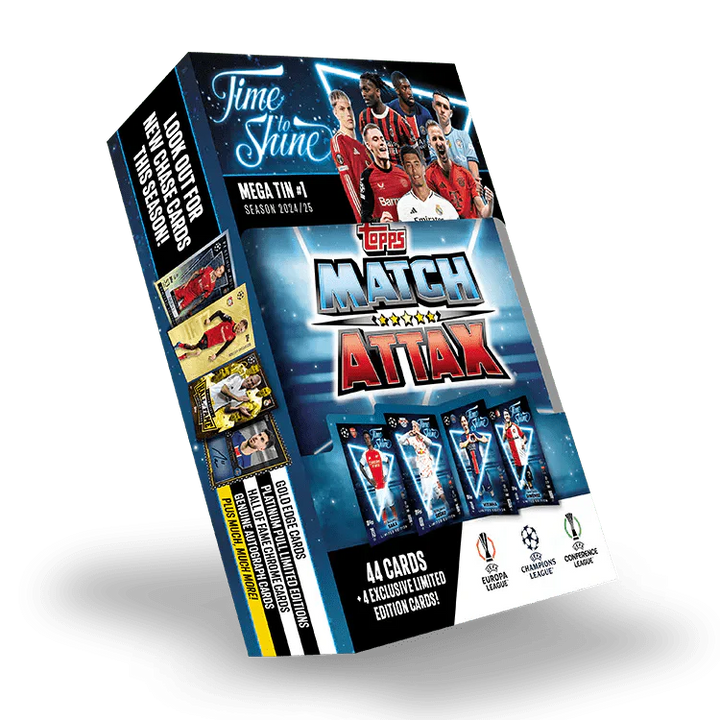 Match Attax 24/25 Mega Tin 'Time To Shine' featuring 44 cards, exclusive limited edition cards, UEFA Champions League.