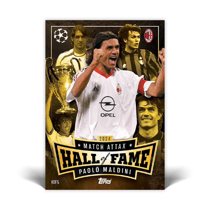 2024 Match Attax Hall of Fame card featuring Paolo Maldini with trophy backdrop and iconic players.