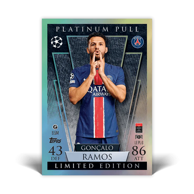 Goncalo Ramos Platinum Pull card, Limited Edition, featuring player stats from UEFA Champions League.