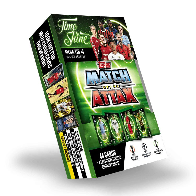 Match Attax 24/25 Mega Tin 'Time To Shine' featuring exclusive UEFA cards and exciting player categories.