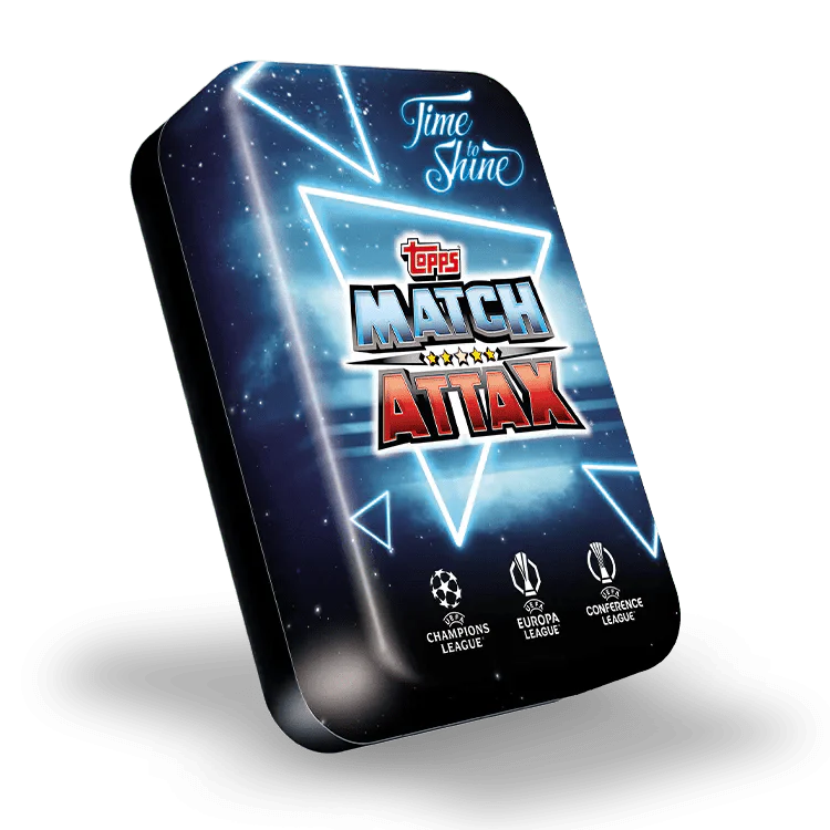 Match Attax 24/25 Mega Tin 'Time To Shine' featuring UEFA Champions and Europa League icons.