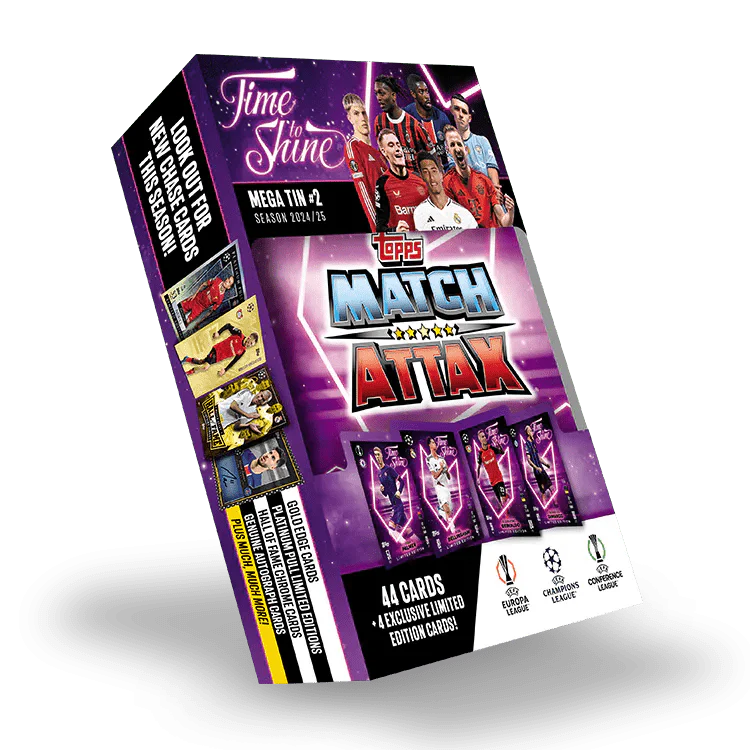 Match Attax 24/25 Mega Tin 'Time To Shine' featuring UEFA Champions League players and exclusive cards.