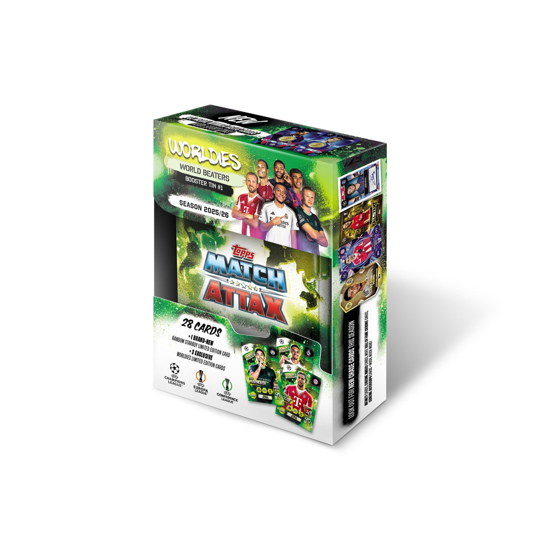 Match Attax 25/26 - Booster Tins featuring a pack with 28 collectible cards from top UEFA players.