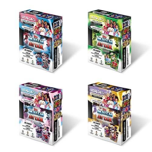 Match Attax 25/26 - Booster Tins collection featuring UEFA player cards in colorful packaging.