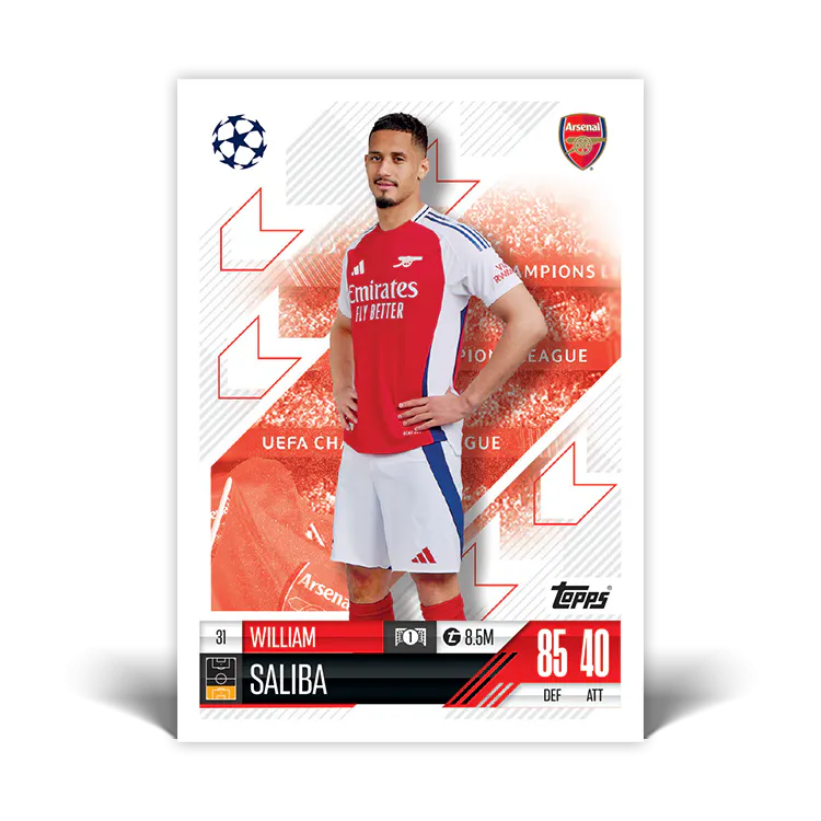 Match Attax card of William Saliba, featuring stats and UEFA Champions League branding.