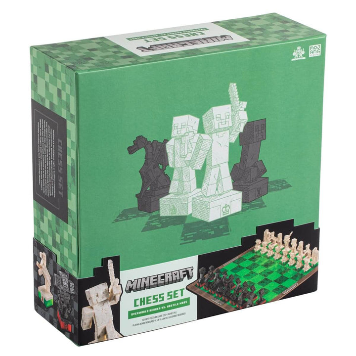 Minecraft Chess Set Overworld Heroes vs Hostile Mobs box featuring game pieces and chess board design.