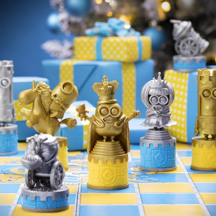 Minions Medieval Mayhem Chess Set Despicable Me features colorful Minion chess pieces in a playful setting.
