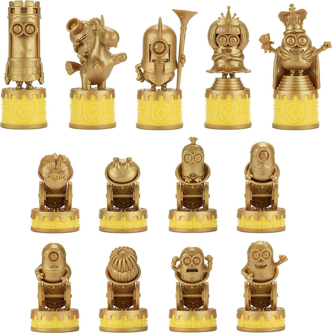 Minions Medieval Mayhem Chess Set Despicable Me featuring golden Minion chess pieces with unique designs.