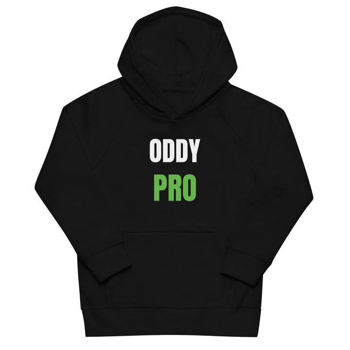 Oddy Pro Kids eco hoodie in black with white and green lettering, featuring a hood and front pouch pocket.