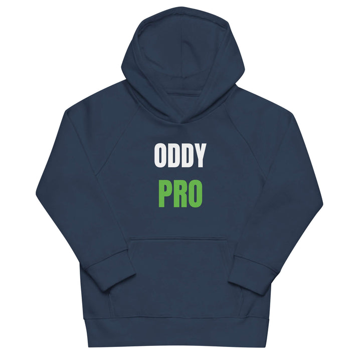 Oddy Pro Kids eco hoodie in navy blue with white and green lettering, perfect for kids' comfort and eco-friendliness.