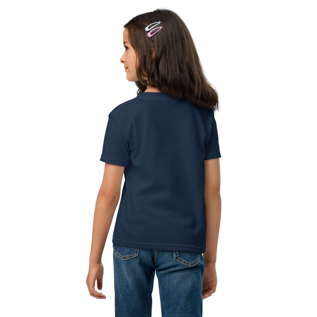 Back view of a child wearing the Oddy Pro Youth t-shirt in navy, showcasing its modern fit and comfort.