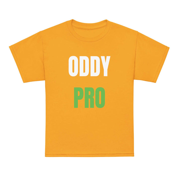 Oddy Pro Youth t-shirt in vibrant yellow color with bold graphic design, perfect for kids' active days.