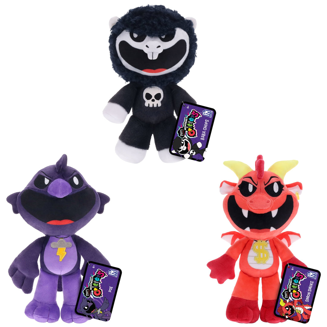 Poppy Playtime Series 4 Nightmare Critters 8" Collectable Plush trio featuring creepy characters with skull pendants.