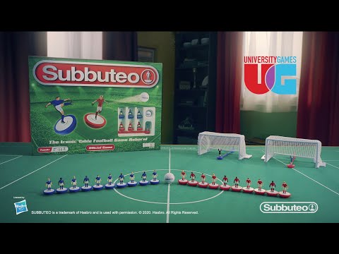 Subbuteo White and Blue Kit Players set displayed with iconic tabletop football game packaging.