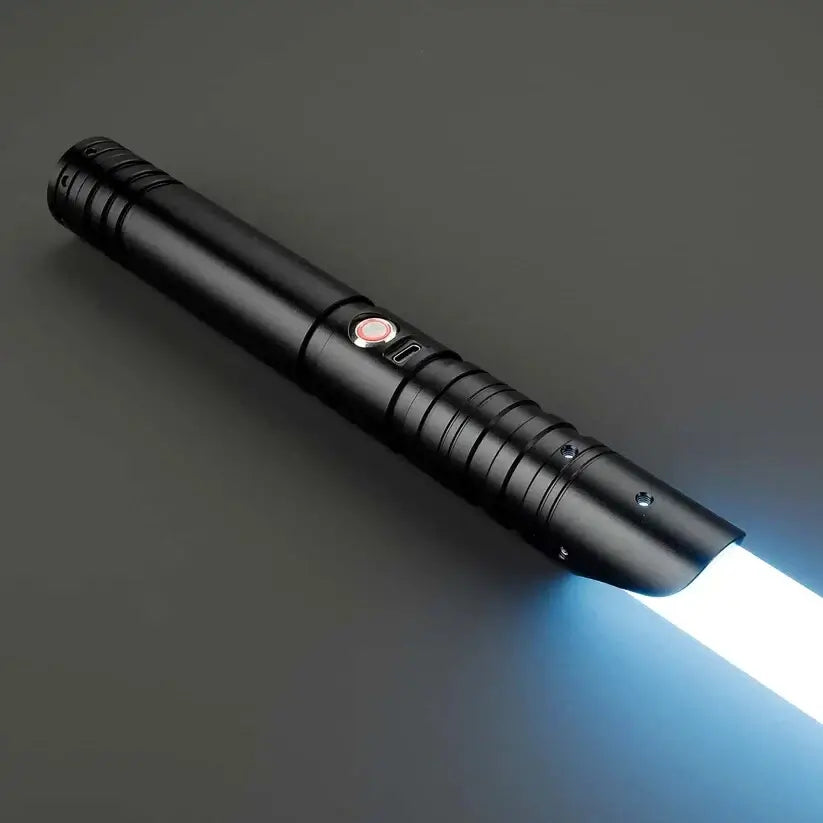 Black Neopixel Omicron Lightsaber with 32-inch blade and sleek design, perfect for dueling and spinning.