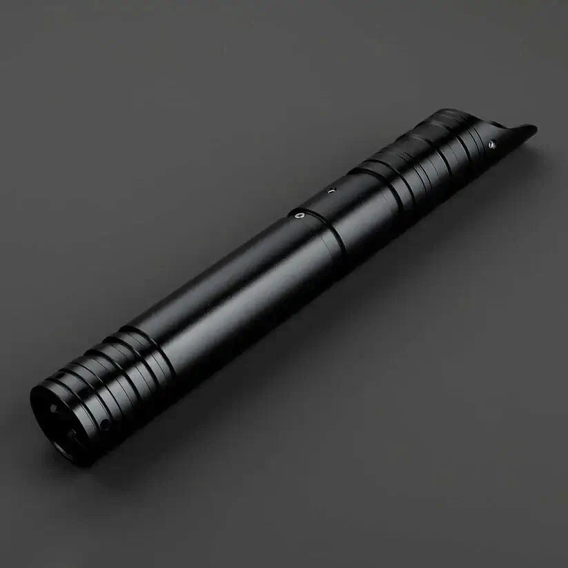 Black Neopixel Omicron Lightsaber hilt with sleek design and smooth grip, perfect for dueling and spinning.