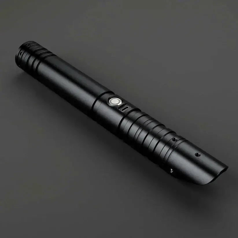 Black Neopixel Omicron Lightsaber hilt with sleek design and smooth grip, perfect for dueling and spinning.