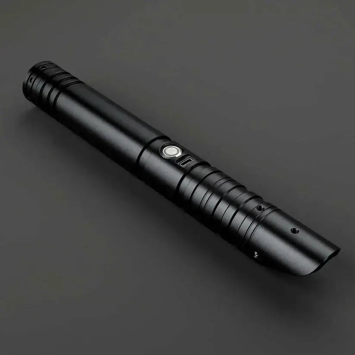 Black Neopixel Omicron Lightsaber hilt with sleek design and smooth grip, perfect for dueling and spinning.