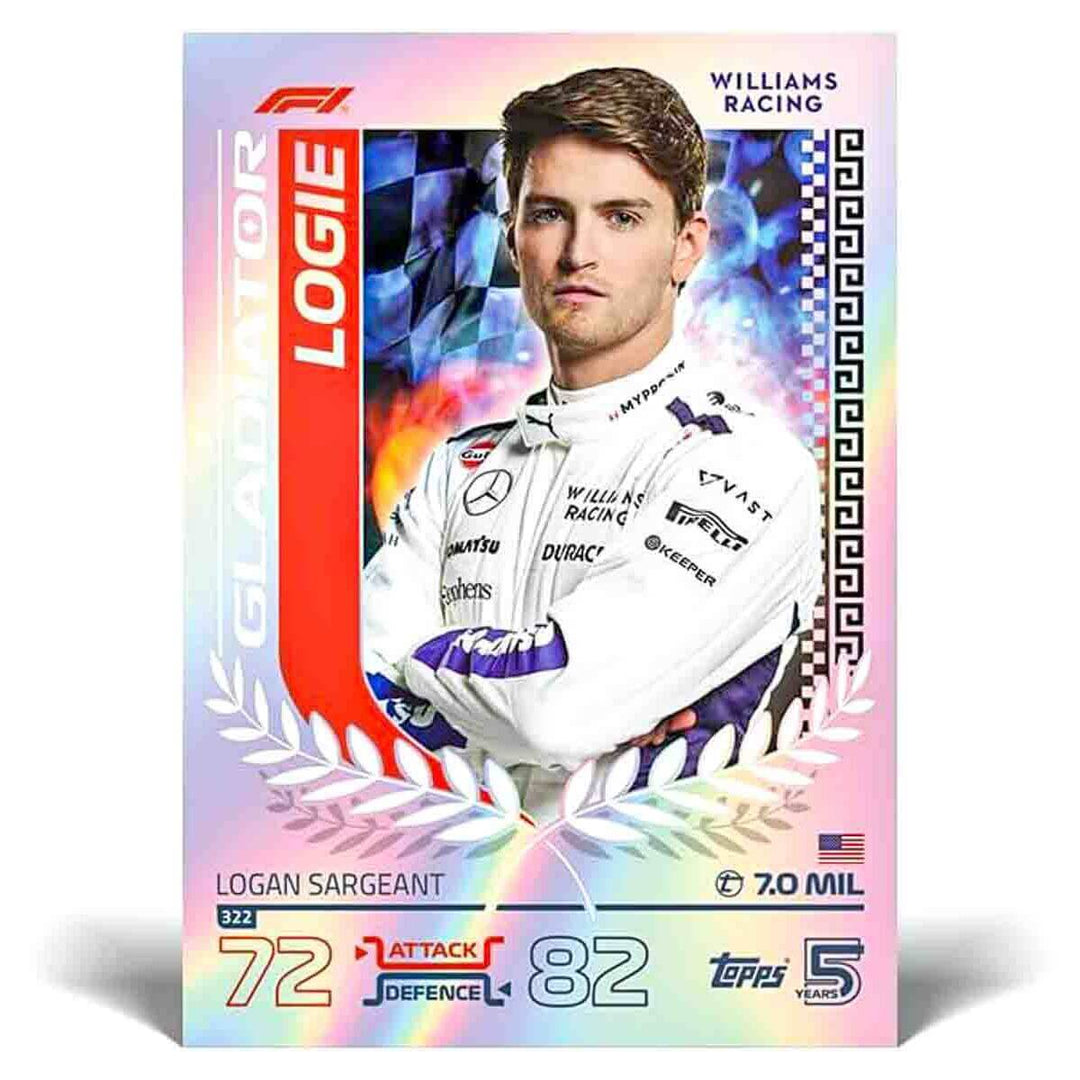 Turbo Attax 2024 F1 Trading Card featuring Logan Sargeant from Williams Racing with attack and defense stats.