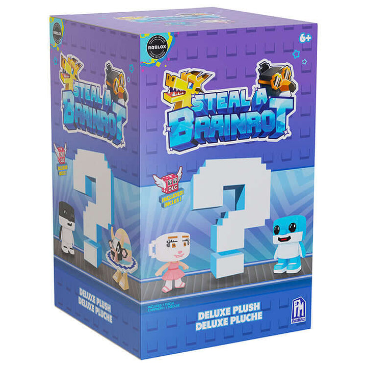 Steal A Brainrot Deluxe Plush collectible box featuring vibrant characters and question mark design