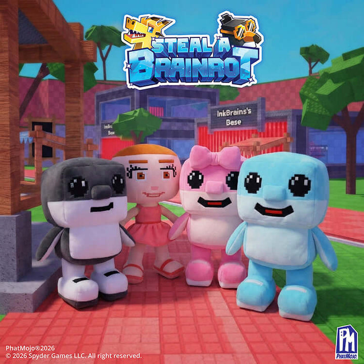 Steal A Brainrot Deluxe Plush characters posing together in a colorful game-inspired setting.