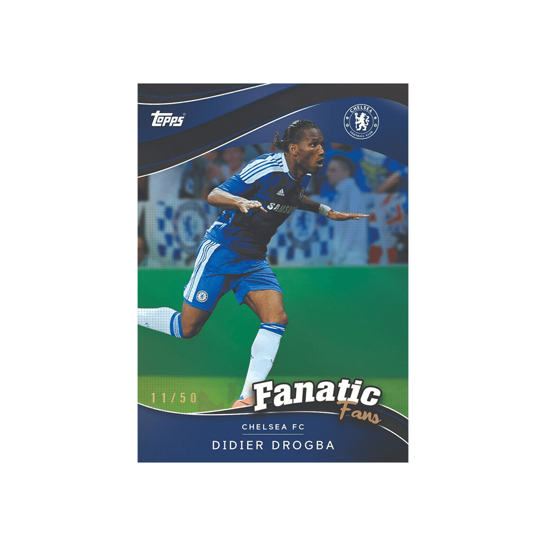 Topps Chelsea FC Fan Set card featuring Didier Drogba celebrating a goal, numbered 11/50.