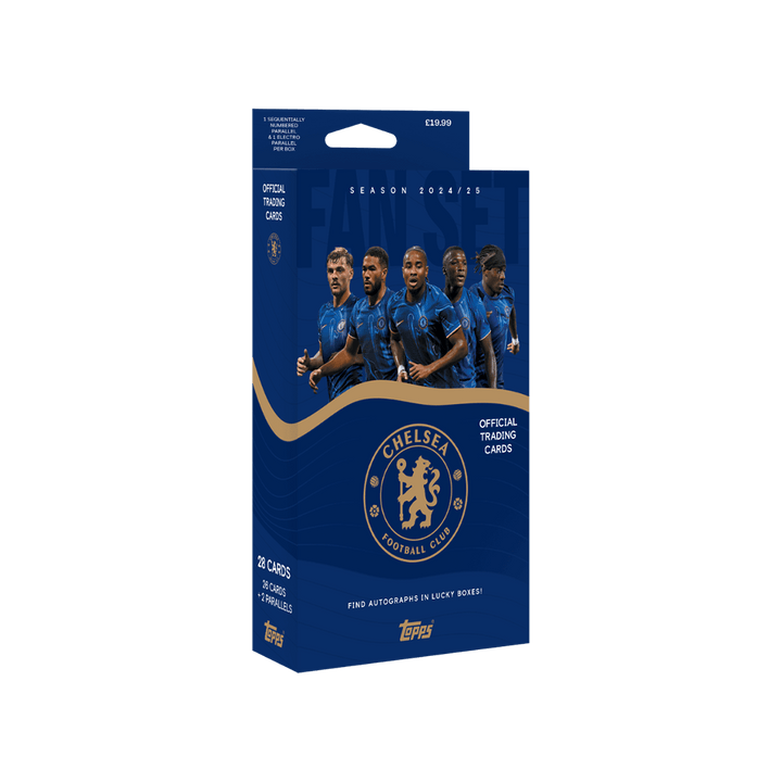 Topps Chelsea 2024/25 Fan Set featuring 28 official trading cards and club legends packaging.