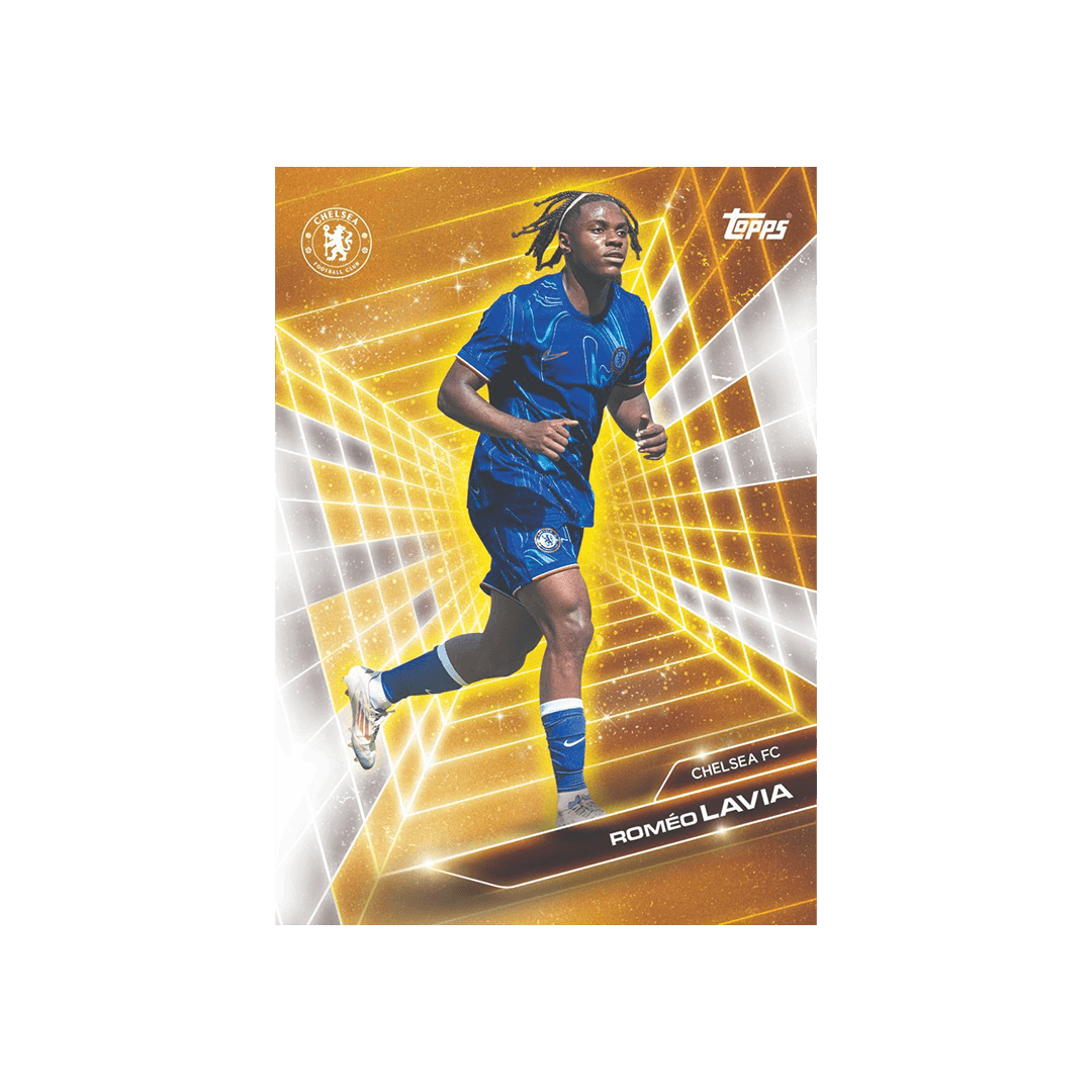 Topps Chelsea FC 2024/25 card of Romeo Lavia in action, featuring a vibrant golden design.