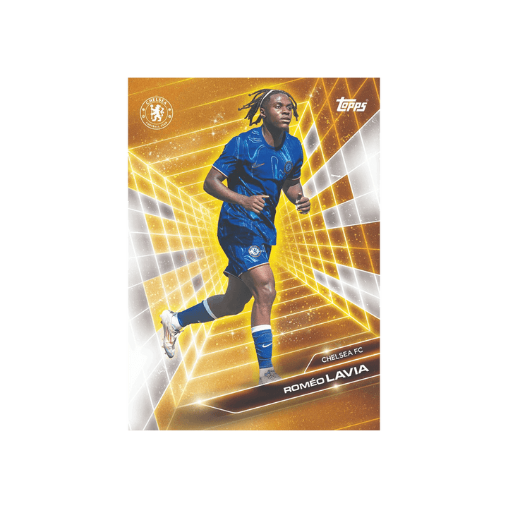 Topps Chelsea FC 2024/25 card of Romeo Lavia in action, featuring a vibrant golden design.