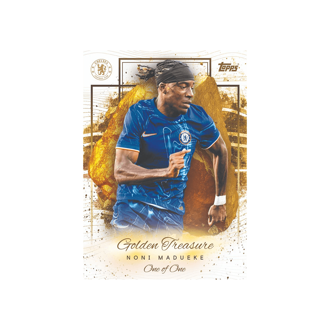 Topps Chelsea FC Golden Treasure card featuring Noni Madueke, unique one-of-one collectible for fans.