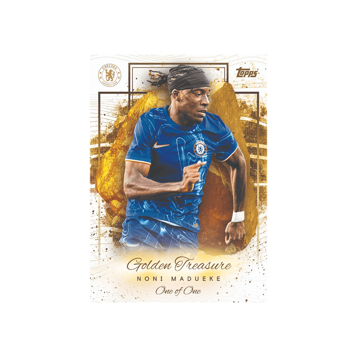 Topps Chelsea FC Golden Treasure card featuring Noni Madueke, unique one-of-one collectible for fans.